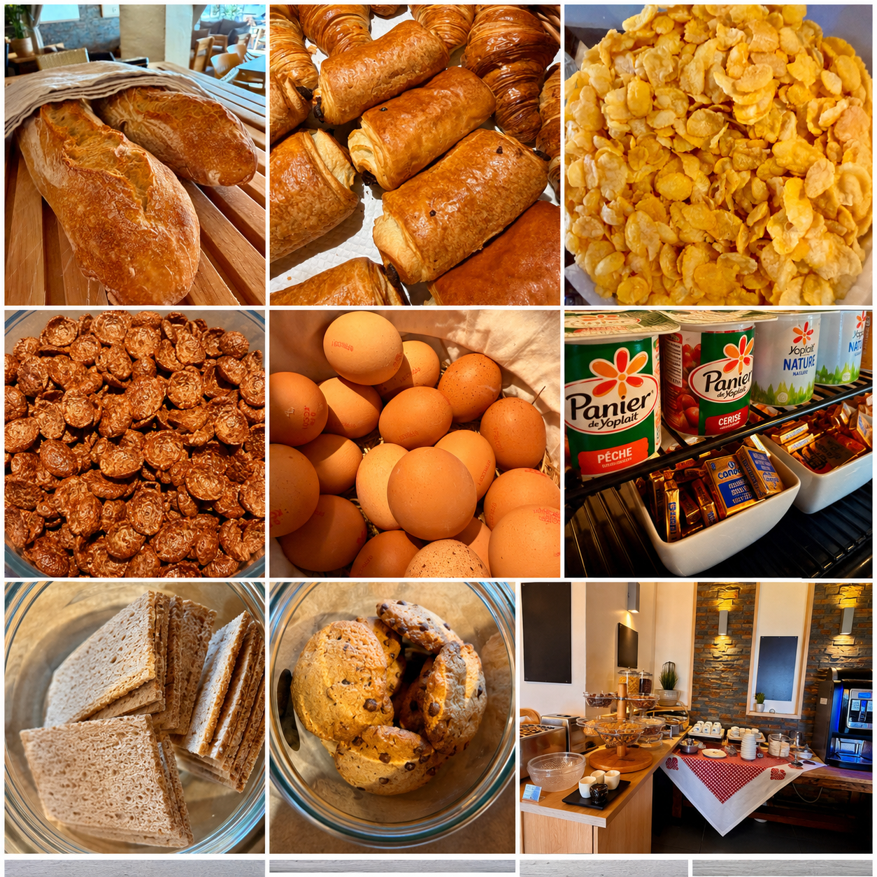 Petit-déjeuner buffet dans un hôtel à Fréjus avec viennoiseries, pains frais et buffet sucré-salé